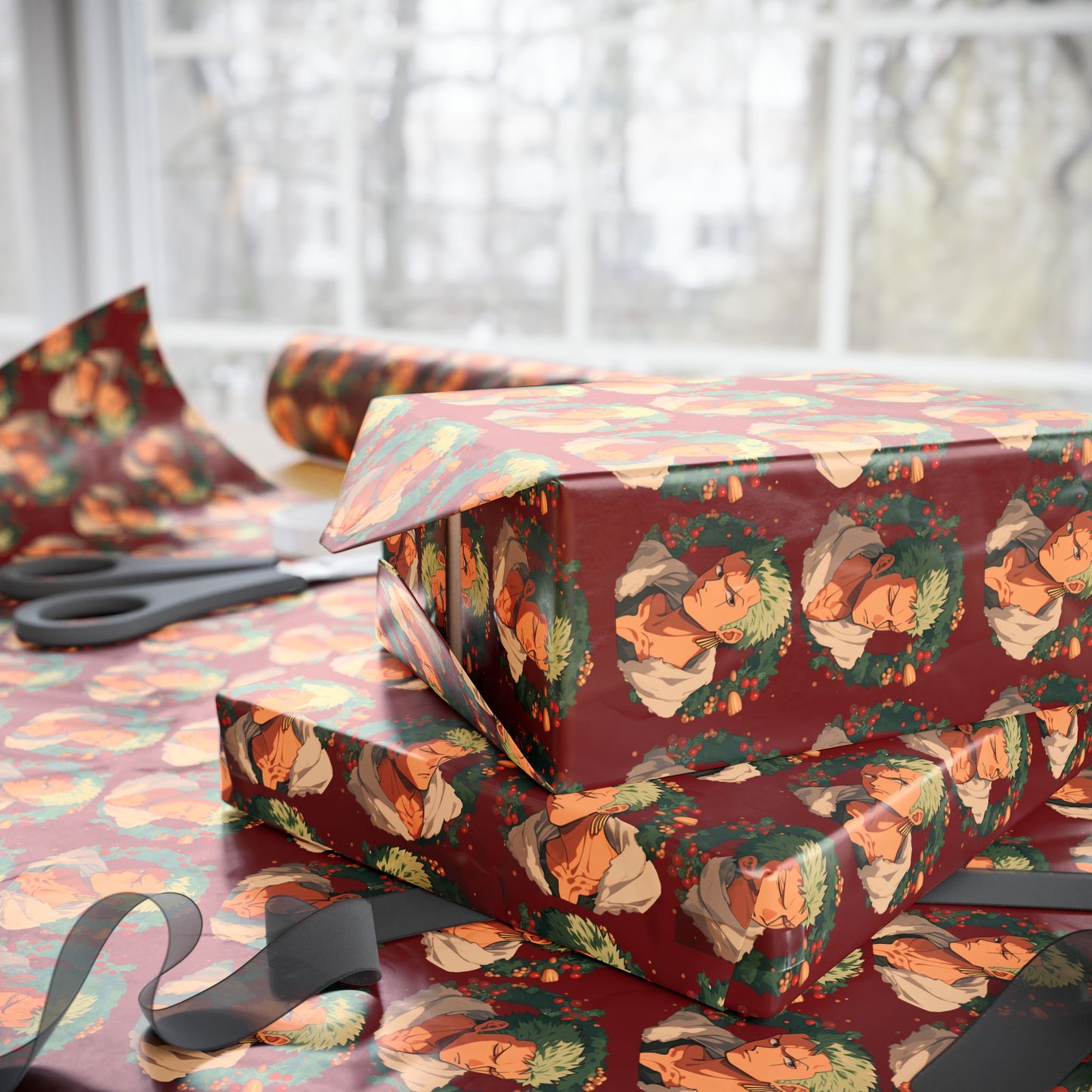 One Piece Anime Roronoa Zoro Christmas Wrapping Papers - Manga Otaku Red Wrapping Paper, Holiday Decor, Cute Holiday Gift Wrap, Anime Lover