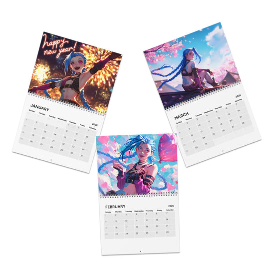2026 Calendar page showing anime-style characters in New Year, Valentine backgrounds for January, February, March.