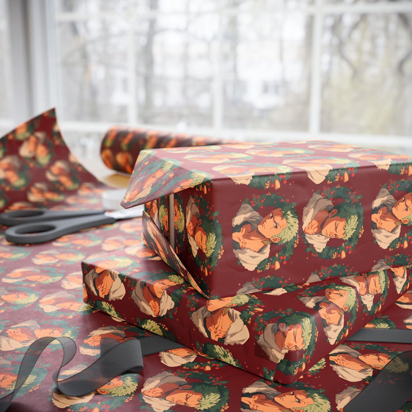 One Piece Anime Roronoa Zoro Christmas Wrapping Papers - Manga Otaku Red Wrapping Paper, Holiday Decor, Cute Holiday Gift Wrap, Anime Lover