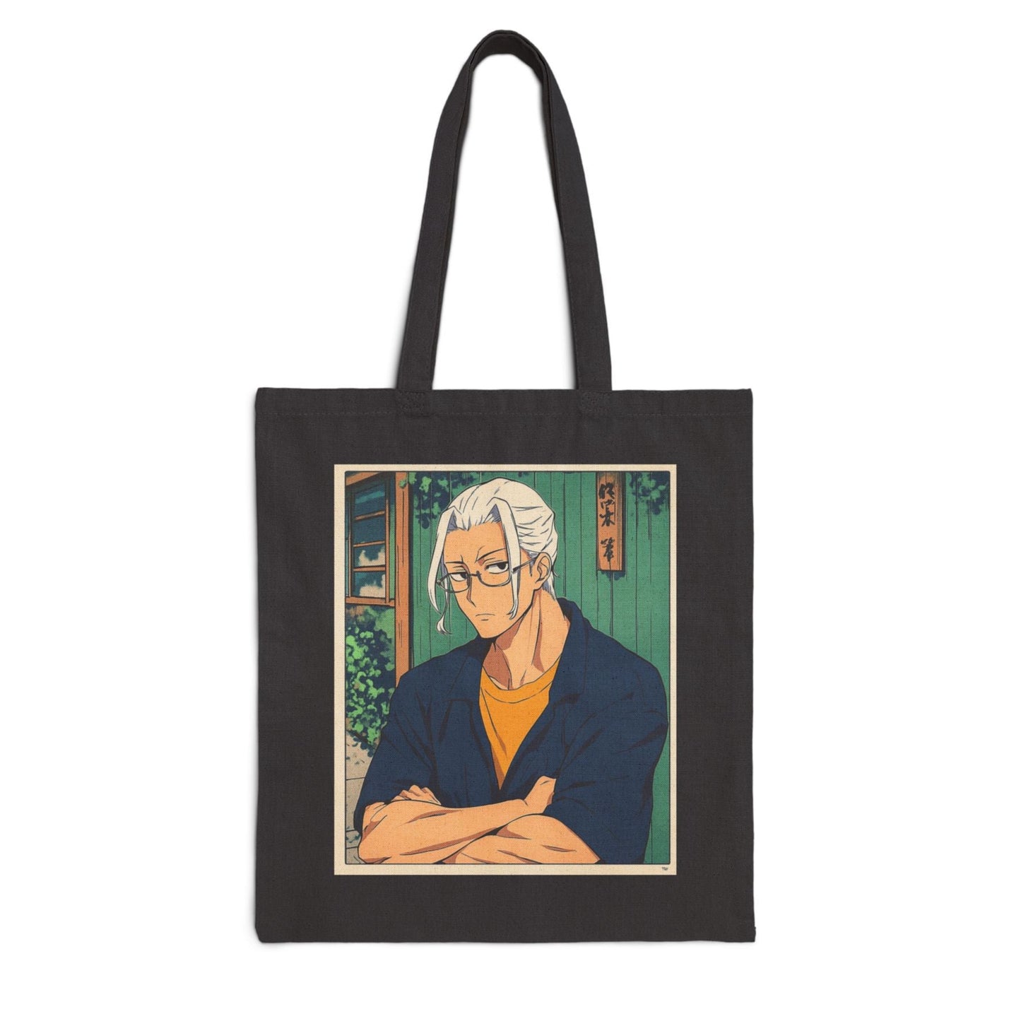 Black tote bag with a printed design of a person in a kimono against a white background
