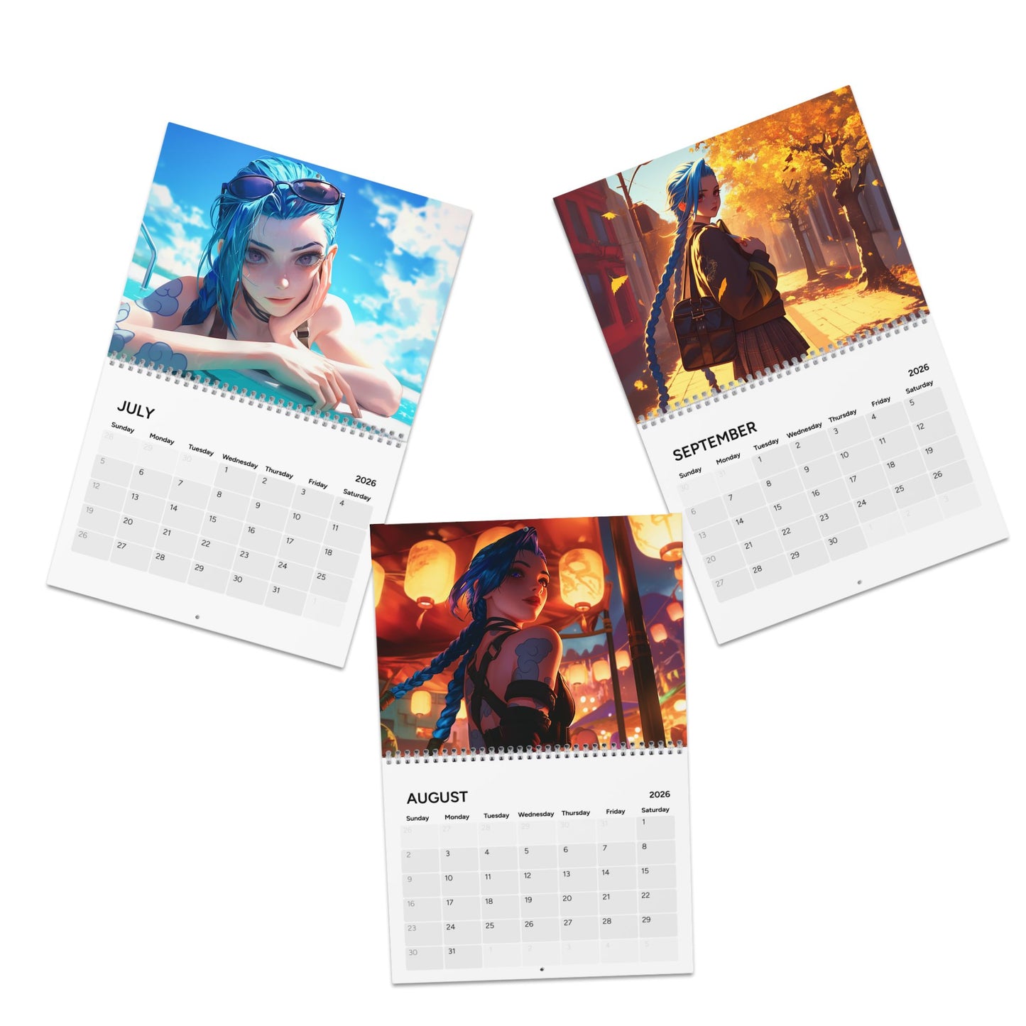 2026 Calendar page showing anime-style characters in Summer Fall backgrounds for July, August, Septembre.