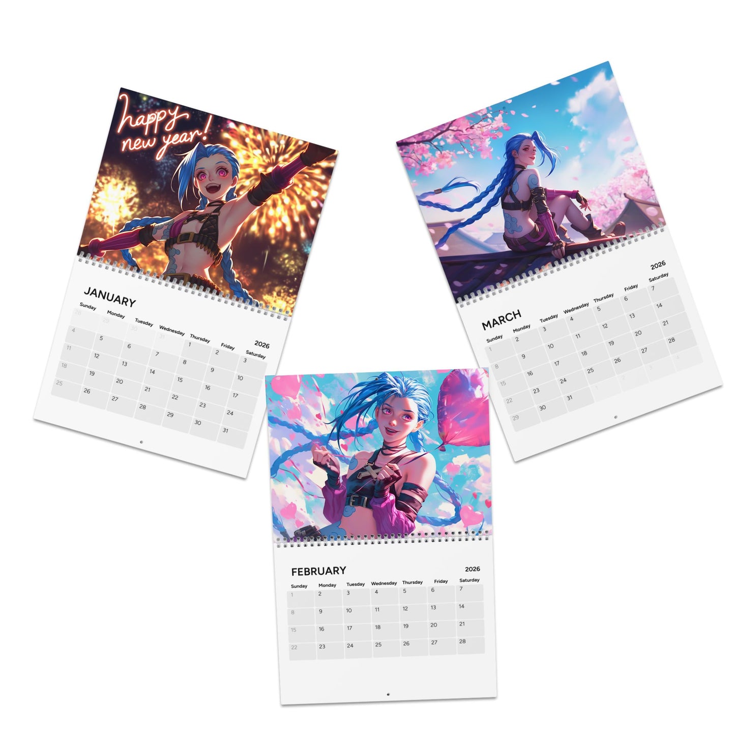2026 Calendar page showing anime-style characters in New Year, Valentine backgrounds for January, February, March.