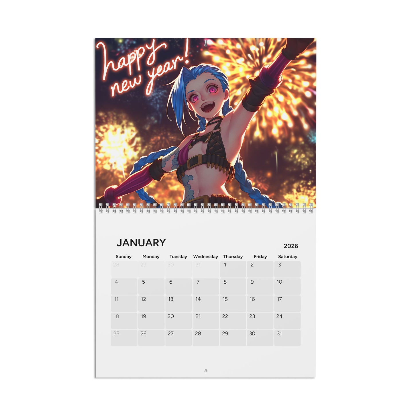 Calendar with an anime character and New Year's text against a fireworks background