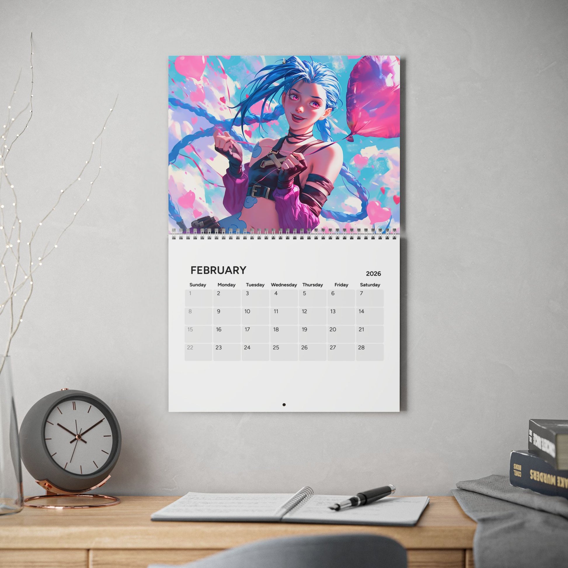 Calendar with a colorful design of a person with blue hair on a wall above a desk.