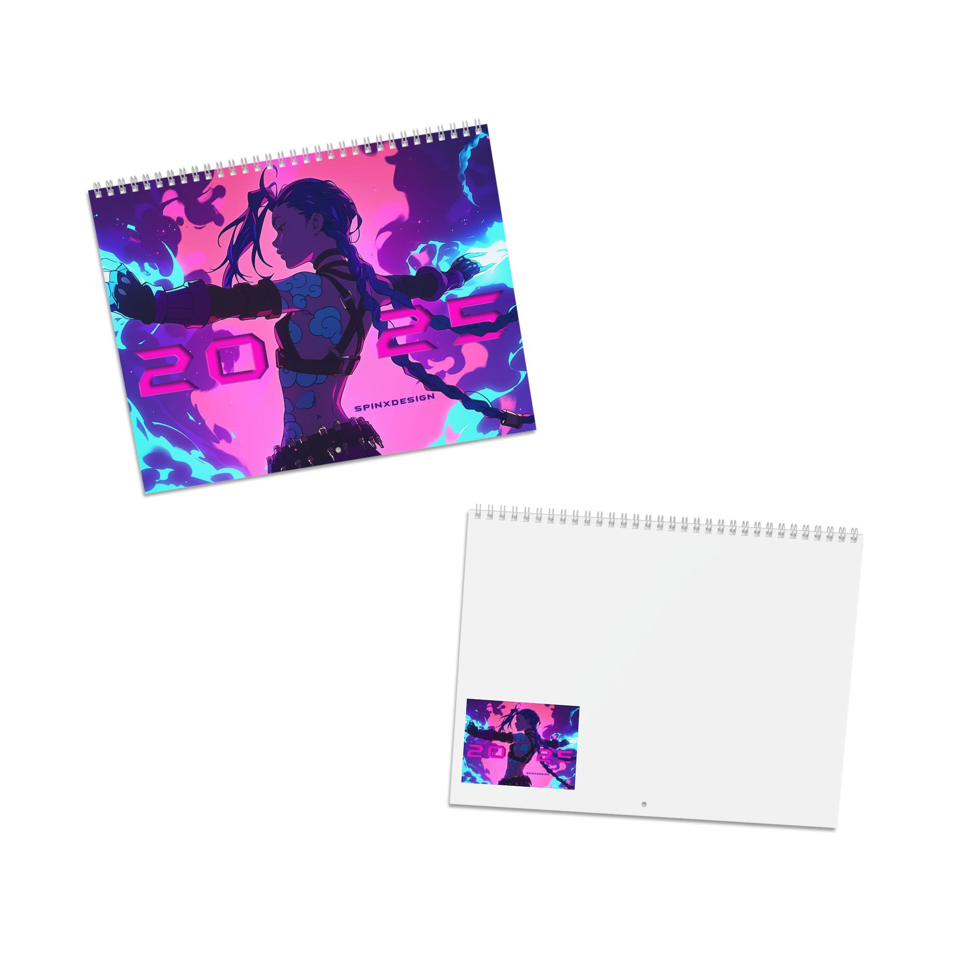 Calendar with a colorful design featuring a silhouette of an anime and the year 2023 on a white background.