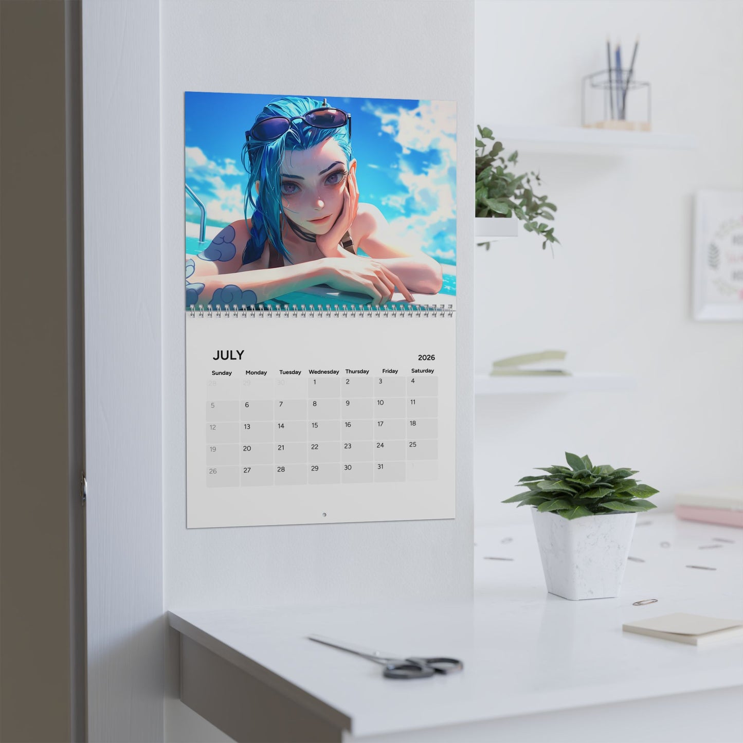 Calendar with a colorful illustration of a person with blue hair on a wall in a room.