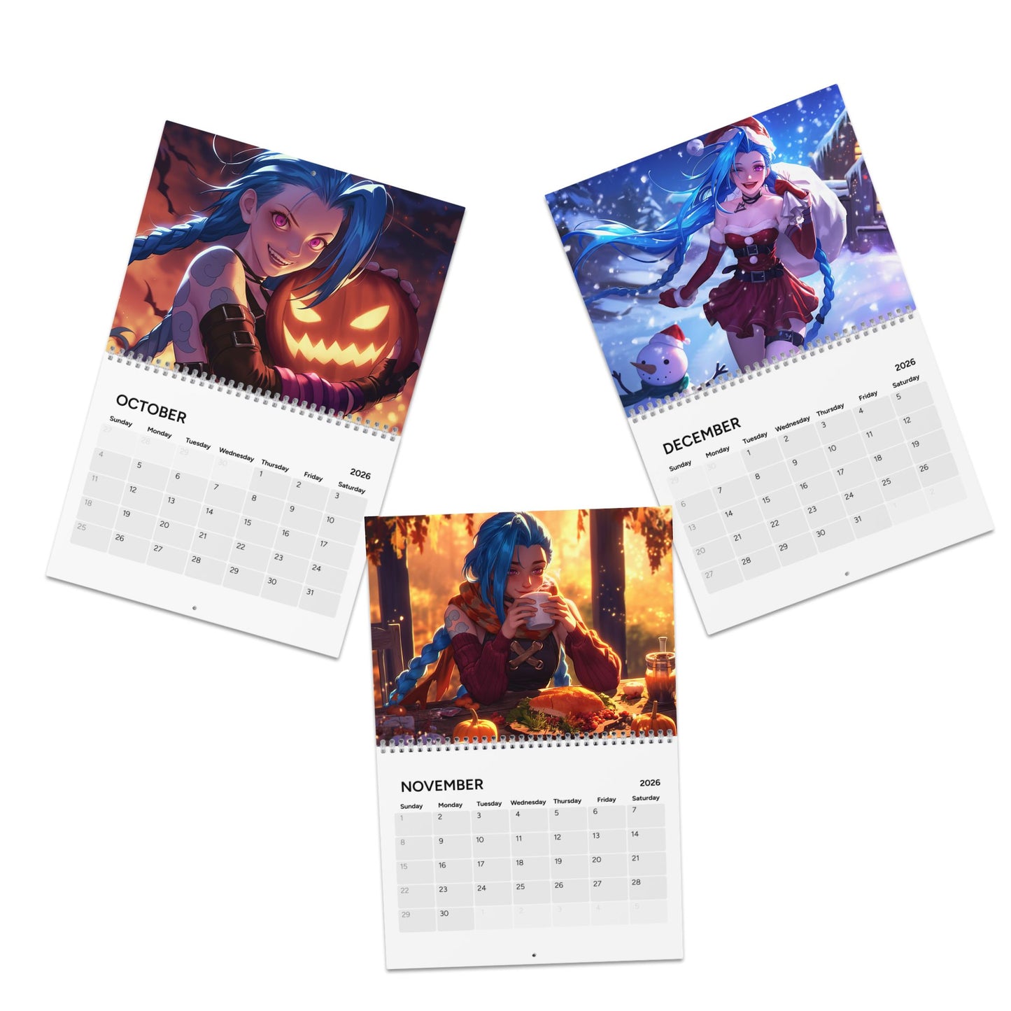 2026 Calendar page showing anime-style characters in Christmas and winter backgrounds for October, November, December.