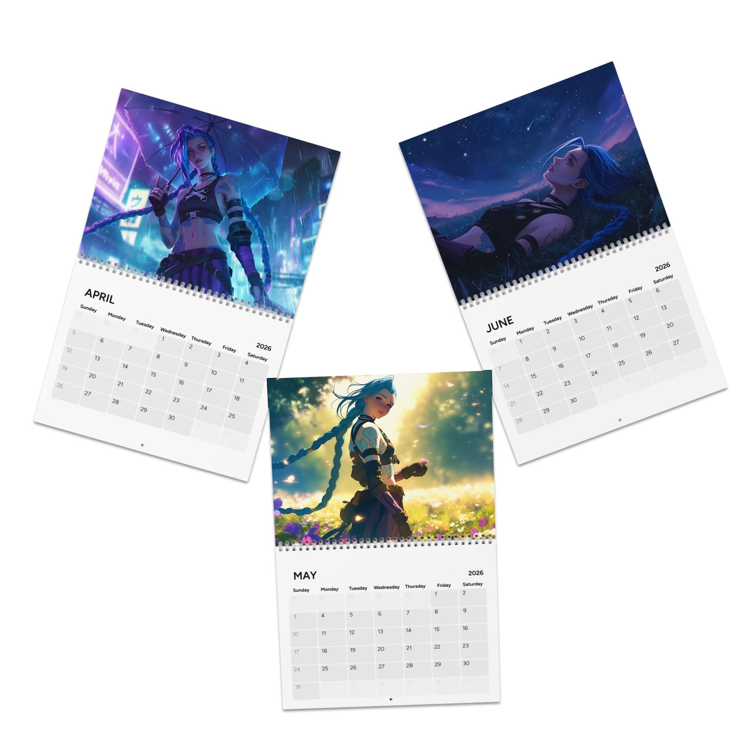 2026 Calendar page showing anime-style characters in spring, rainy backgrounds for April, May, June.