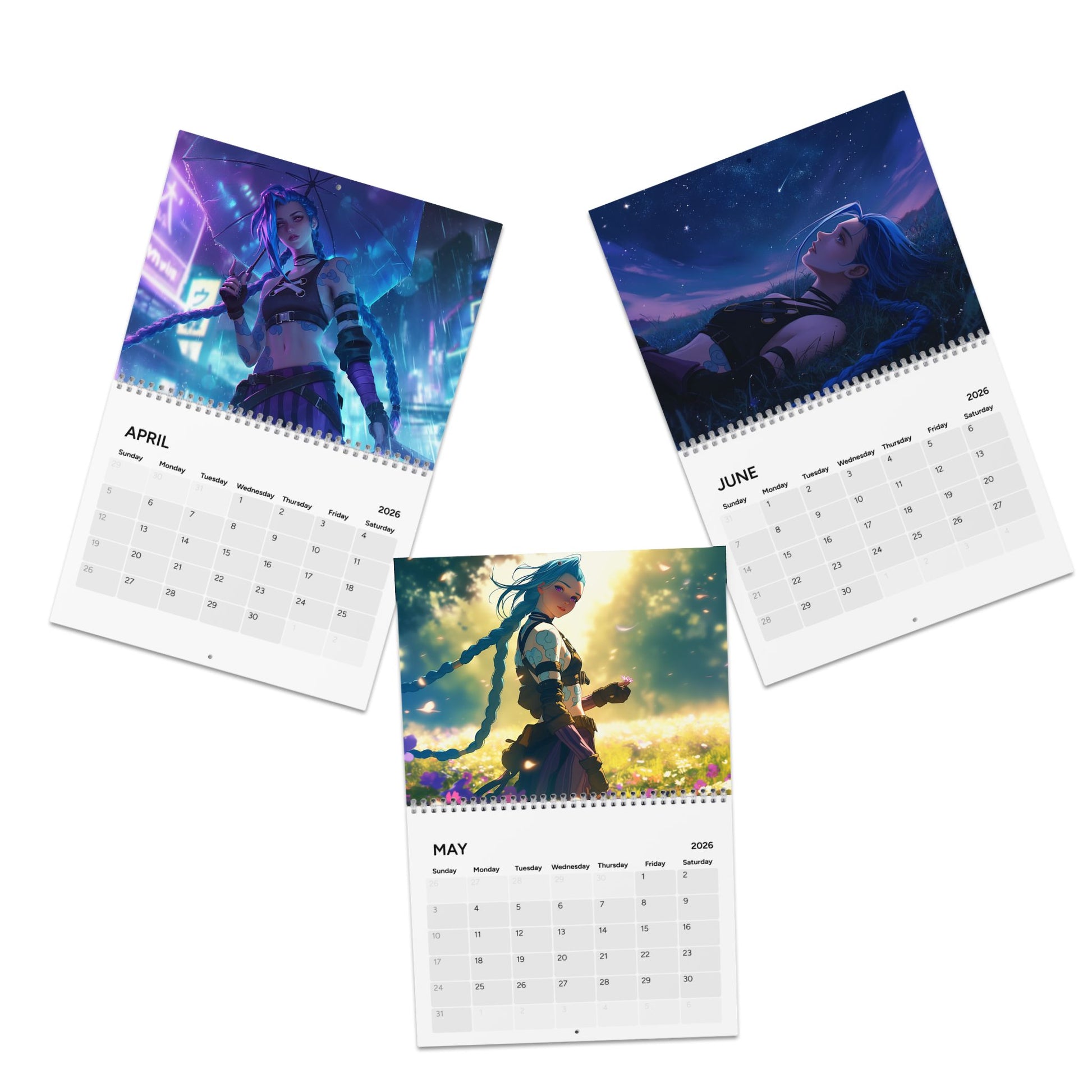 2026 Calendar page showing anime-style characters in spring, rainy backgrounds for April, May, June.