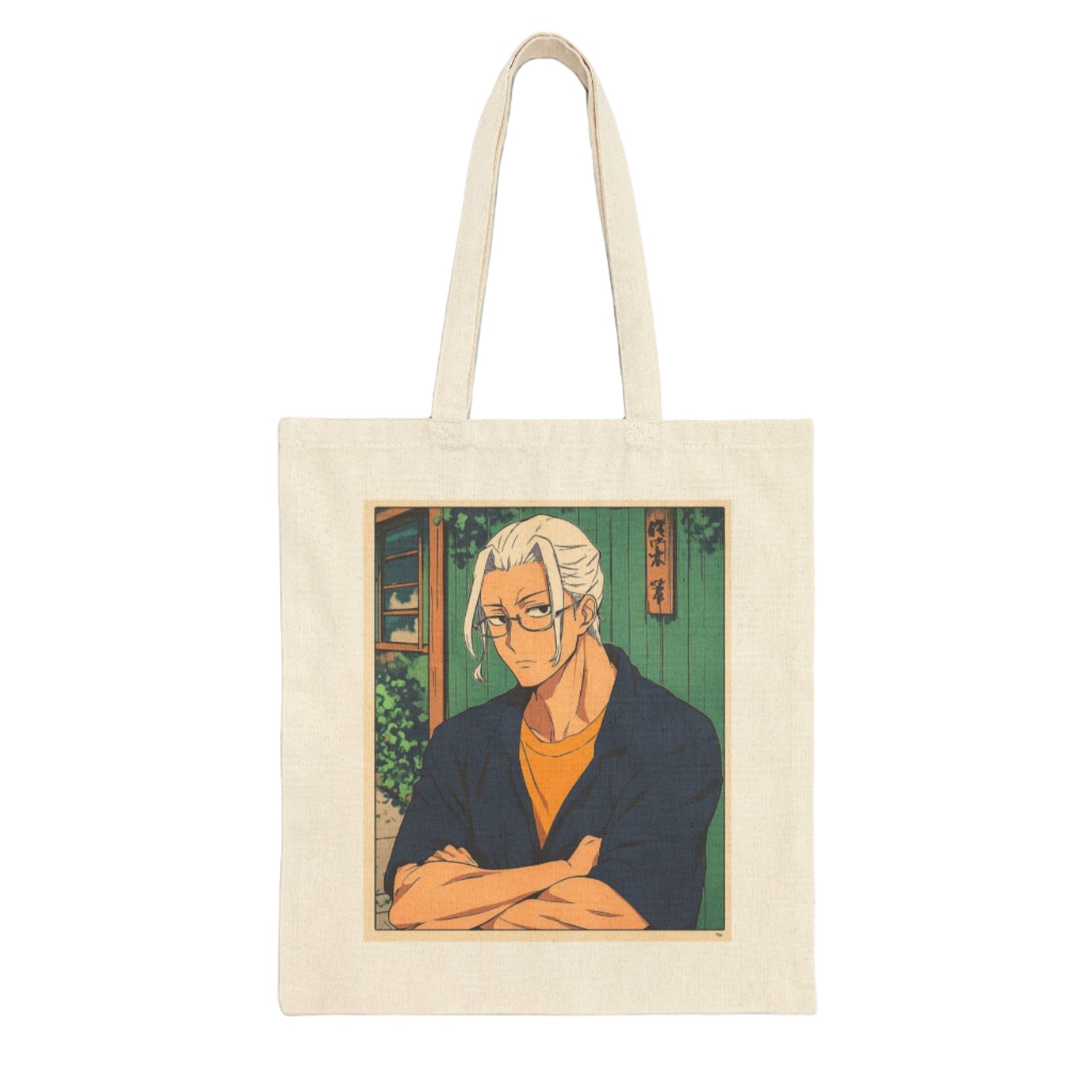 Beige Tote bag with an illustration of a character on a white background
